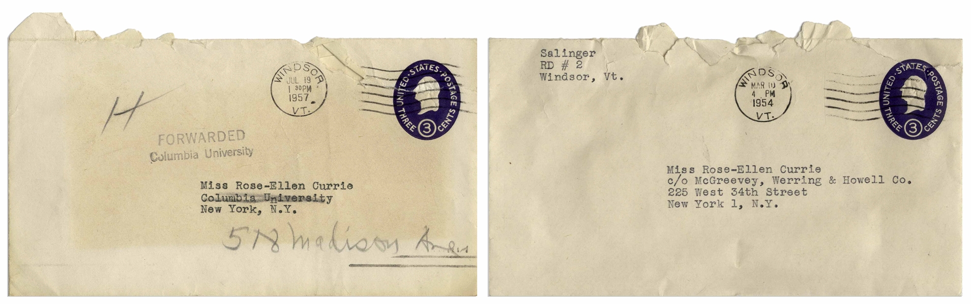 J.D. Salinger Letter Signed Twice, With Autograph Note -- ''...I am up to my flat, slug-white writer's ass in a large-size book...'' -- And With Letter Signed ''John Ringling North'' in Type